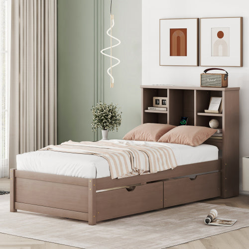 ✨ Modern Twin Bed with USB Port & Storage Drawers | Smart Bed Frame with Bookcase Headboard – Grey ️⚡