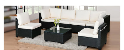 🖤 Urban Luxe 7-Piece Rattan Sofa Set — Modular Outdoor & Indoor Lounge with Premium Black Weave & Ivory Cushions ☕✨