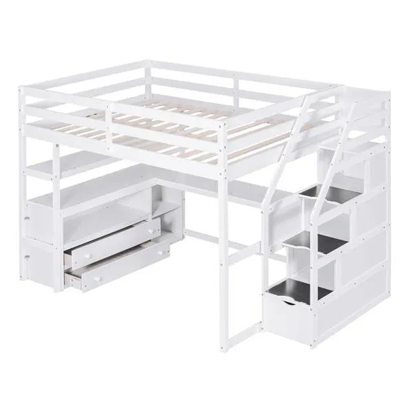 ✨ Full-Size Loft Bed with Built-in Desk, Storage Shelves & Staircase Drawers | Space-Saving Study & Sleep Station – White ️