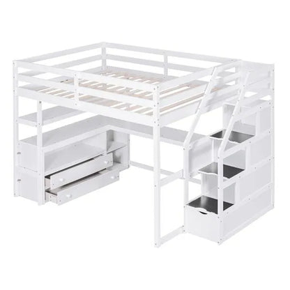 ✨ Full-Size Loft Bed with Built-in Desk, Storage Shelves & Staircase Drawers | Space-Saving Study & Sleep Station – White ️