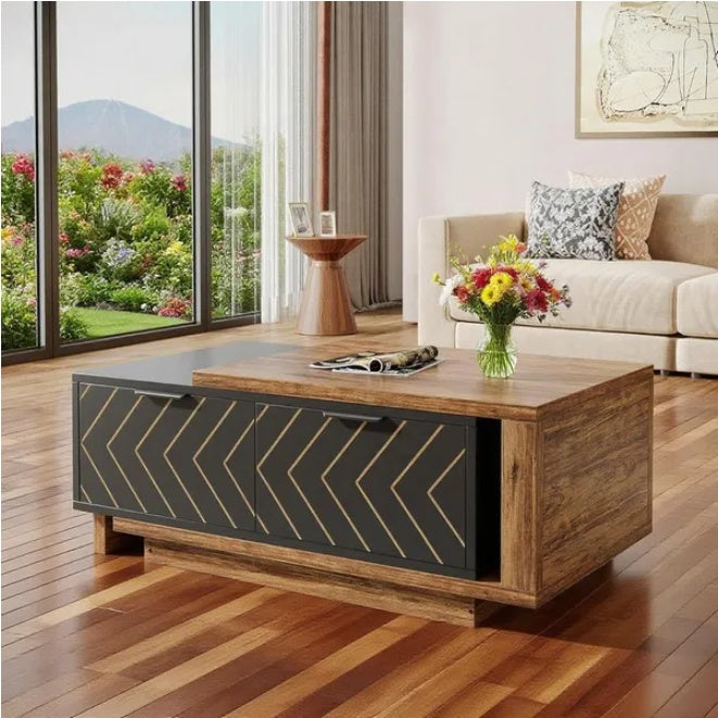 Luxury Modern Coffee Table with Gold Accents – Solid Wood Storage Center Table for Living Room ✨