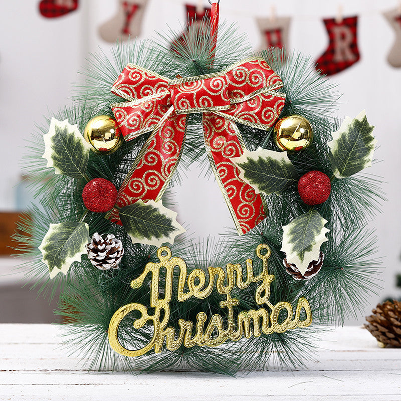 Elegant “Merry Christmas” Door Wreath – Festive Golden Bow & Pine Ornament Decoration ✨