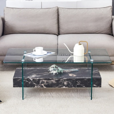 43.3 Inch Modern Glass & Black Marble Coffee Table – Two-Tier Living Room Center Table with Storage ✨