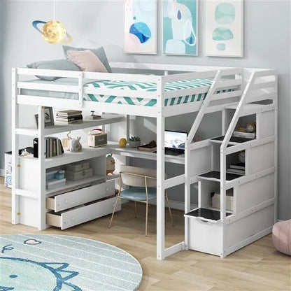 ✨ Full-Size Loft Bed with Built-in Desk, Storage Shelves & Staircase Drawers | Space-Saving Study & Sleep Station – White ️
