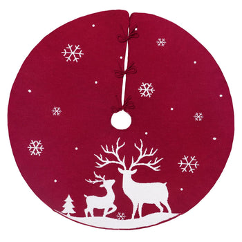 ✨ Knitted Christmas Tree Skirt – Red & White Elk Snow Scenery Design | Warm Nordic Holiday Décor for Christmas Trees ❄️