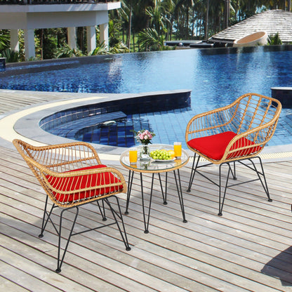 ☀️ Sunset Glow Rattan Bistro Set — 3-Piece Outdoor Patio Set with Red Cushions &amp; Glass-Top Table ❤️✨