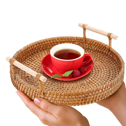 ✨ Handwoven Rattan Round Serving Tray with Handles | Elegant Natural Basket for Coffee, Snacks & Home Decor