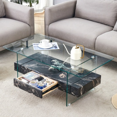 43.3 Inch Modern Glass & Black Marble Coffee Table – Two-Tier Living Room Center Table with Storage ✨