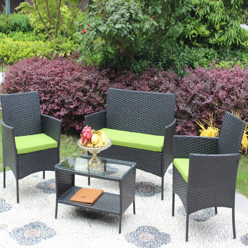 ☀️ Lime Luxe Rattan Patio Set — 4-Piece Outdoor Lounge with Black Weave & Bold Green Cushions 💚✨