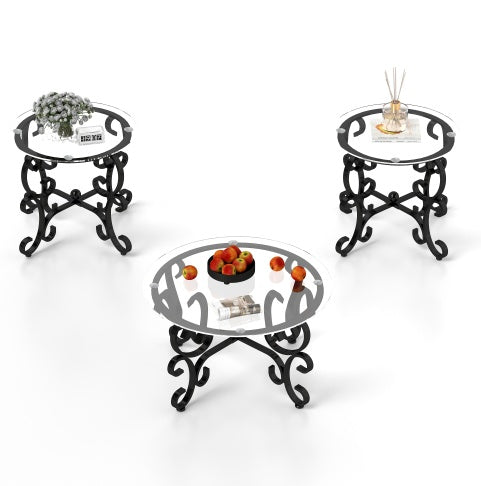 3-Piece Tempered Glass Coffee Table Set – Elegant Black Metal Living Room Tables with Round Side Tables ✨
