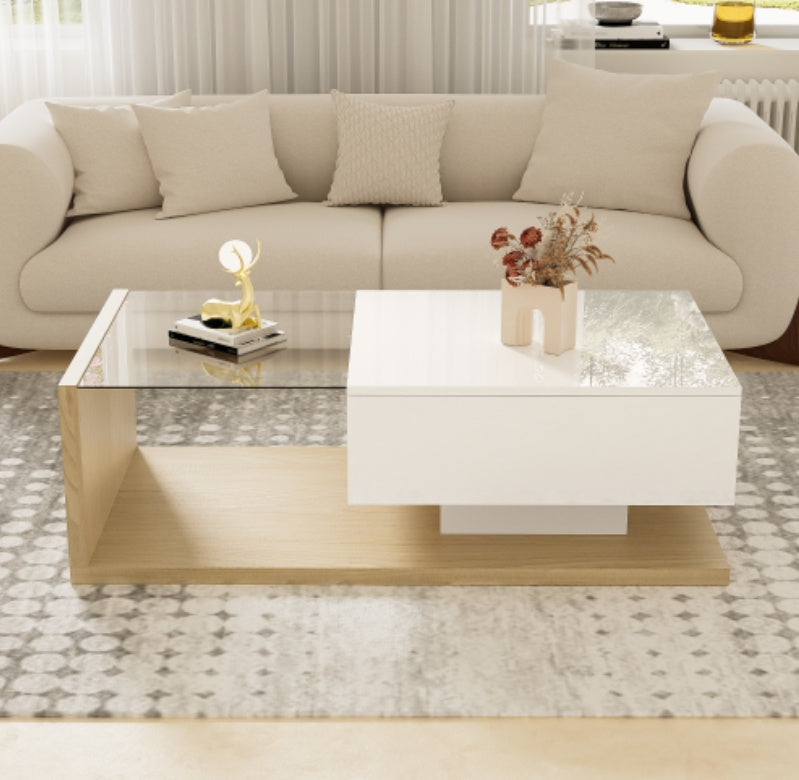 High Gloss LED Coffee Table – Modern White & Natural Wood Center Table with Hidden Storage ✨