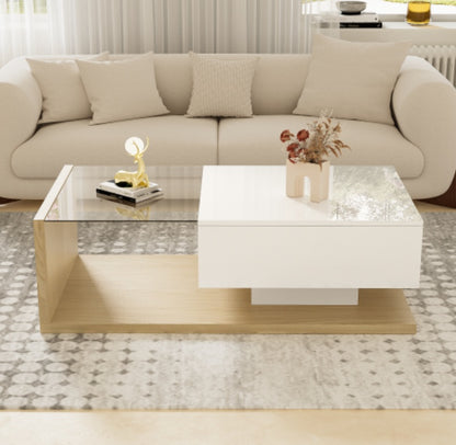 High Gloss LED Coffee Table – Modern White & Natural Wood Center Table with Hidden Storage ✨