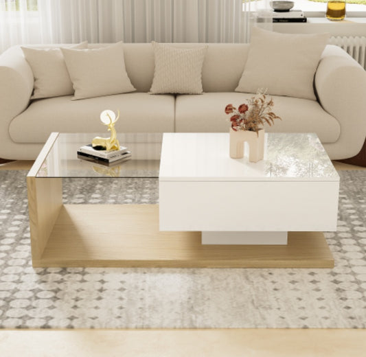 High Gloss LED Coffee Table – Modern White & Natural Wood Center Table with Hidden Storage ✨