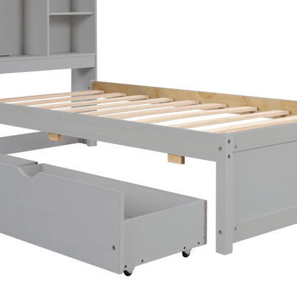 ✨ Modern Twin Bed with USB Port & Storage Drawers | Smart Bed Frame with Bookcase Headboard – Grey ️⚡