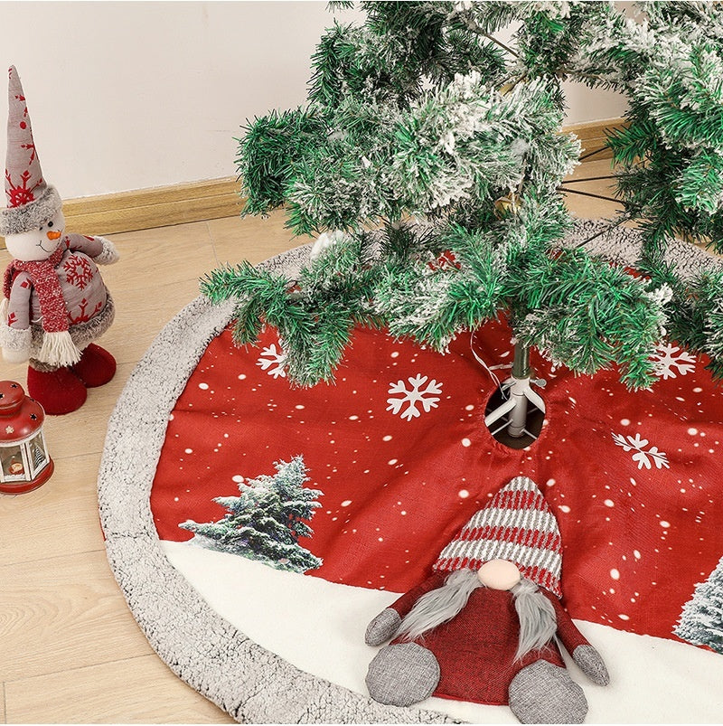 ✨ Linen Christmas Tree Skirt – Red Snowflake & Gnome Design Tree Bottom Mat for Cozy Holiday Home Décor ❄️