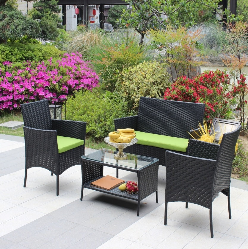 ☀️ Lime Luxe Rattan Patio Set — 4-Piece Outdoor Lounge with Black Weave & Bold Green Cushions 💚✨