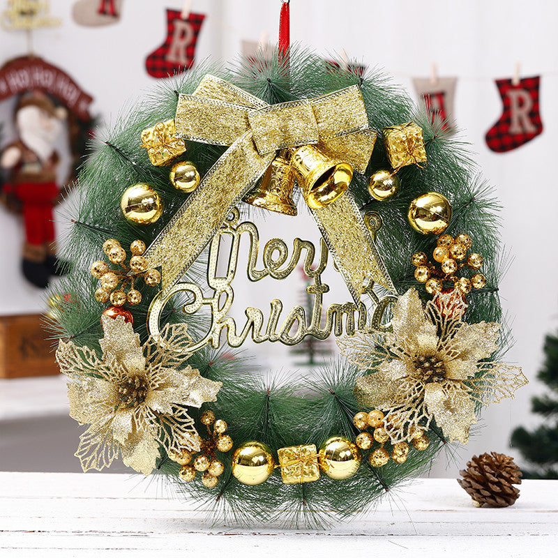 Elegant “Merry Christmas” Door Wreath – Festive Golden Bow & Pine Ornament Decoration ✨