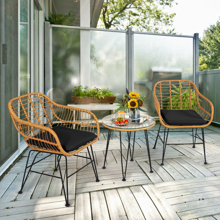 🖤 Urban Chic Rattan Bistro Set — 3-Piece Handwoven Outdoor Lounge with Black Cushions & Glass-Top Table ☕✨