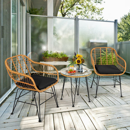🖤 Urban Chic Rattan Bistro Set — 3-Piece Handwoven Outdoor Lounge with Black Cushions & Glass-Top Table ☕✨