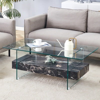 43.3 Inch Modern Glass & Black Marble Coffee Table – Two-Tier Living Room Center Table with Storage ✨