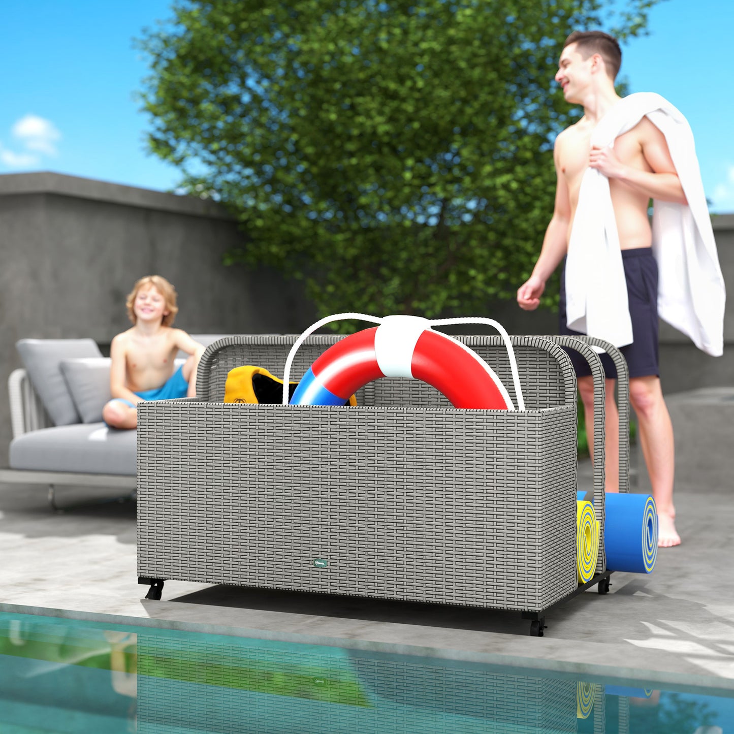 ✨ Rattan Pool Float & Storage Organizer with Wheels | Premium Outdoor Deck Box for Towels, Toys & Cushions