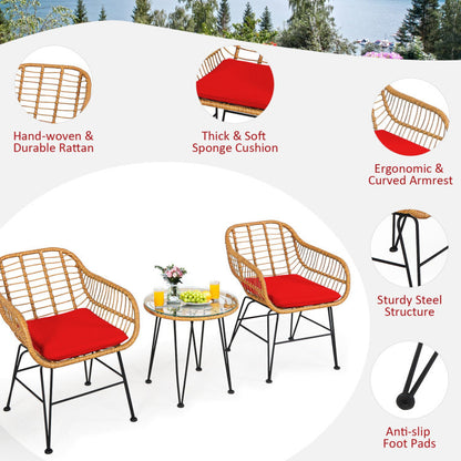 ☀️ Sunset Glow Rattan Bistro Set — 3-Piece Outdoor Patio Set with Red Cushions &amp; Glass-Top Table ❤️✨