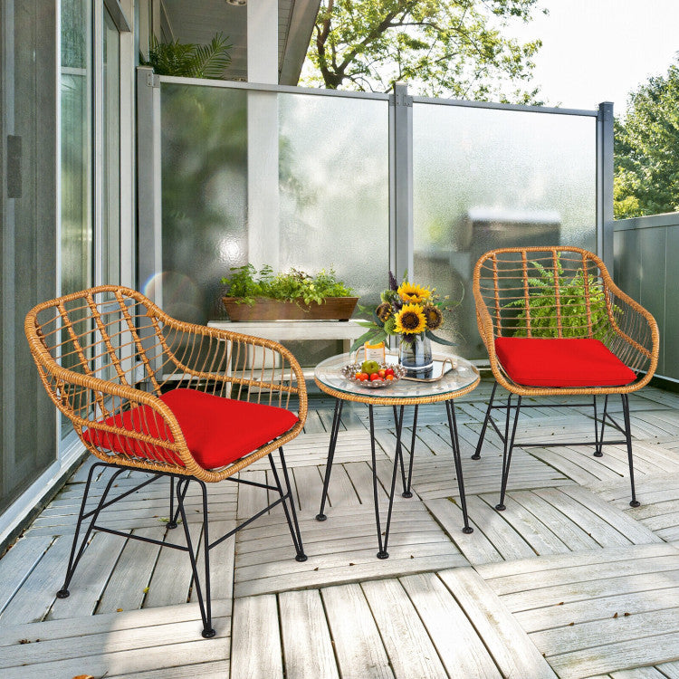☀️ Sunset Glow Rattan Bistro Set — 3-Piece Outdoor Patio Set with Red Cushions &amp; Glass-Top Table ❤️✨