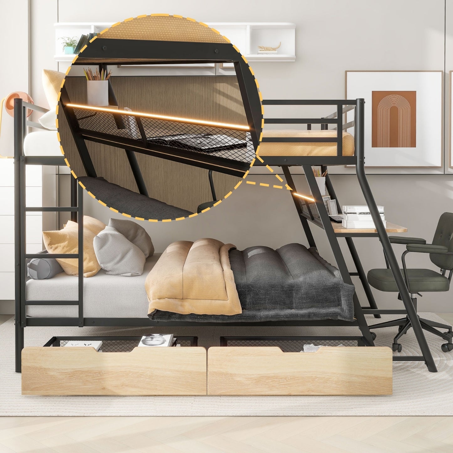 ✨ Full-Size Metal Bunk Bed with Built-in Desk, LED Light & 2 Storage Drawers | Modern Multifunctional Loft Bed – Black ⚡️