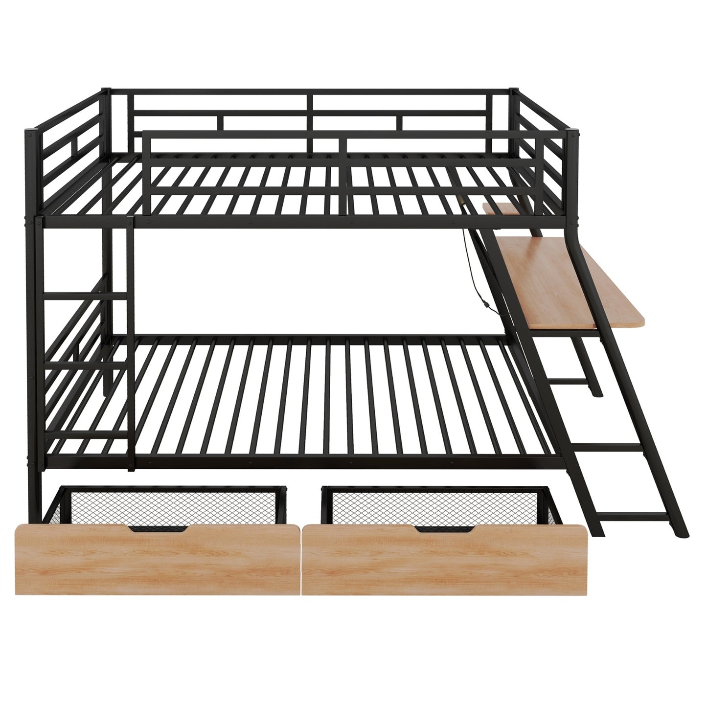 ✨ Full-Size Metal Bunk Bed with Built-in Desk, LED Light & 2 Storage Drawers | Modern Multifunctional Loft Bed – Black ⚡️