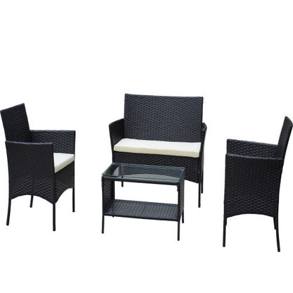 🌸 Garden Grace Rattan Conversation Set — 4-Piece Outdoor Lounge with Black Wicker Frame & Beige Cushions ☕✨