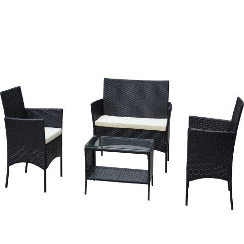 🌸 Garden Grace Rattan Conversation Set — 4-Piece Outdoor Lounge with Black Wicker Frame & Beige Cushions ☕✨
