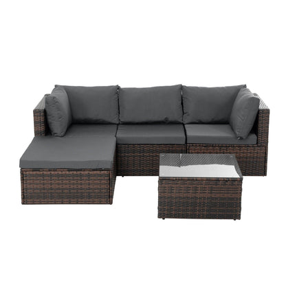 🖤 Noir Haven Rattan Lounge Set — 5-Piece Handwoven Outdoor Sofa with Cushions & Glass-Top Table ☀️✨