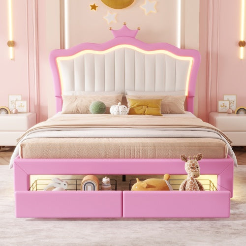 Full-Size Princess Upholstered Bed with LED Lights | Modern Pink & White Bed Frame with Crown Headboard & Drawers ✨