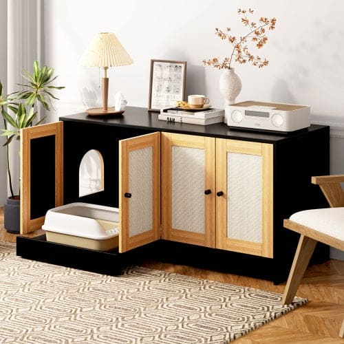 🐾 Purrfect Hideaway Rattan Cat Cabinet — Dual Litter Enclosure & Stylish Furniture for Modern Homes ✨🐈