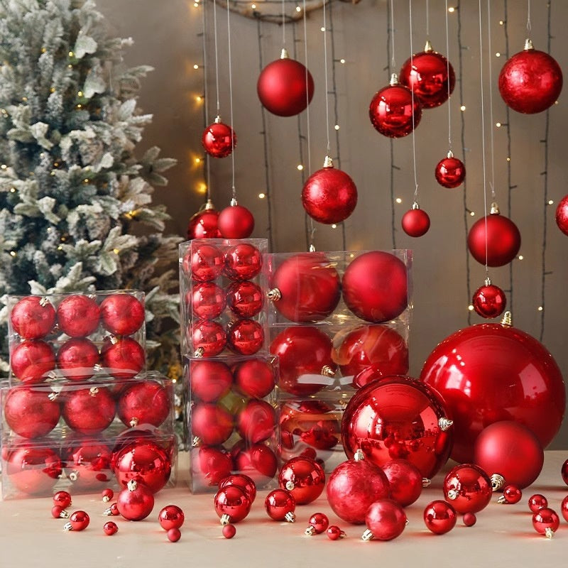 Luxury Red Electroplated Christmas Ball Set – Shiny, Matte & Glitter Mix Ornaments for Tree & Home Décor