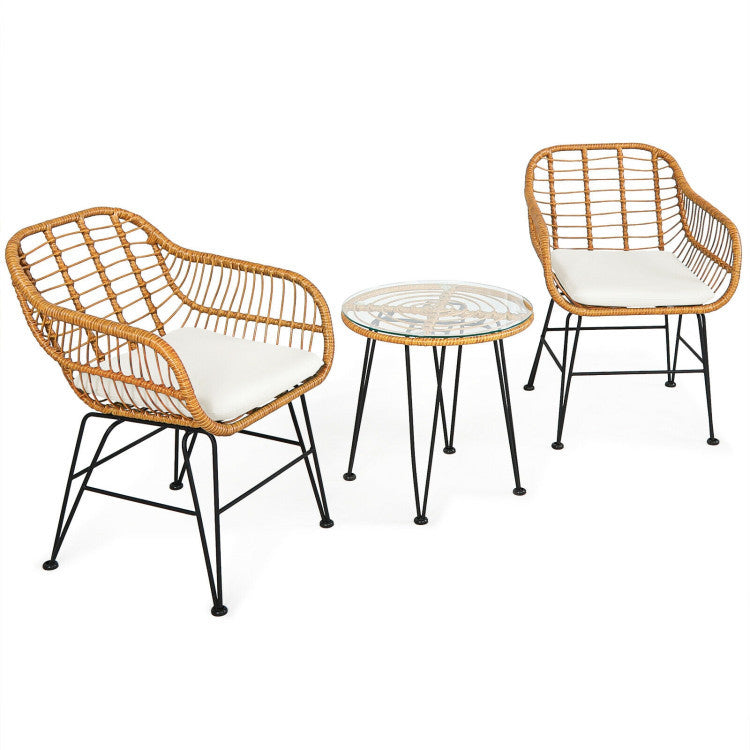 ☀️ Golden Hour Rattan Bistro Set — 3-Piece Handwoven Outdoor Lounge with Cream Cushions & Glass-Top Table ☕🌿