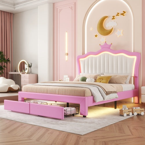 Full-Size Princess Upholstered Bed with LED Lights | Modern Pink & White Bed Frame with Crown Headboard & Drawers ✨