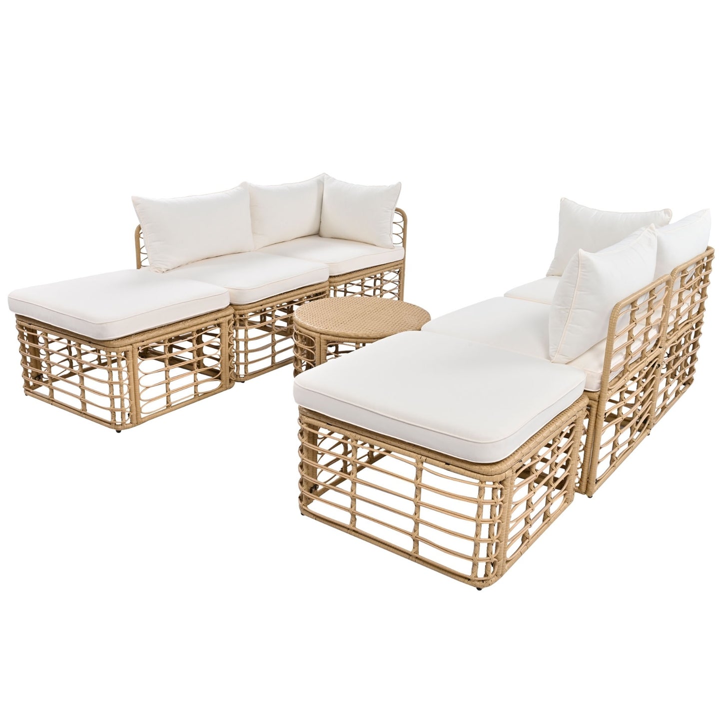☀️ Malibu Bliss Rattan Lounge Set — Modular 6-Seater Outdoor Sofa with Cream Cushions & Coastal Sand Finish 🏝️