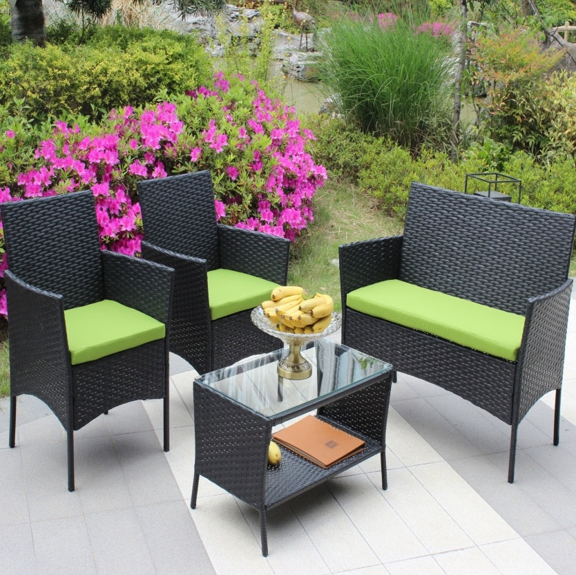 ☀️ Lime Luxe Rattan Patio Set — 4-Piece Outdoor Lounge with Black Weave & Bold Green Cushions 💚✨
