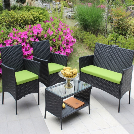 ☀️ Lime Luxe Rattan Patio Set — 4-Piece Outdoor Lounge with Black Weave & Bold Green Cushions 💚✨