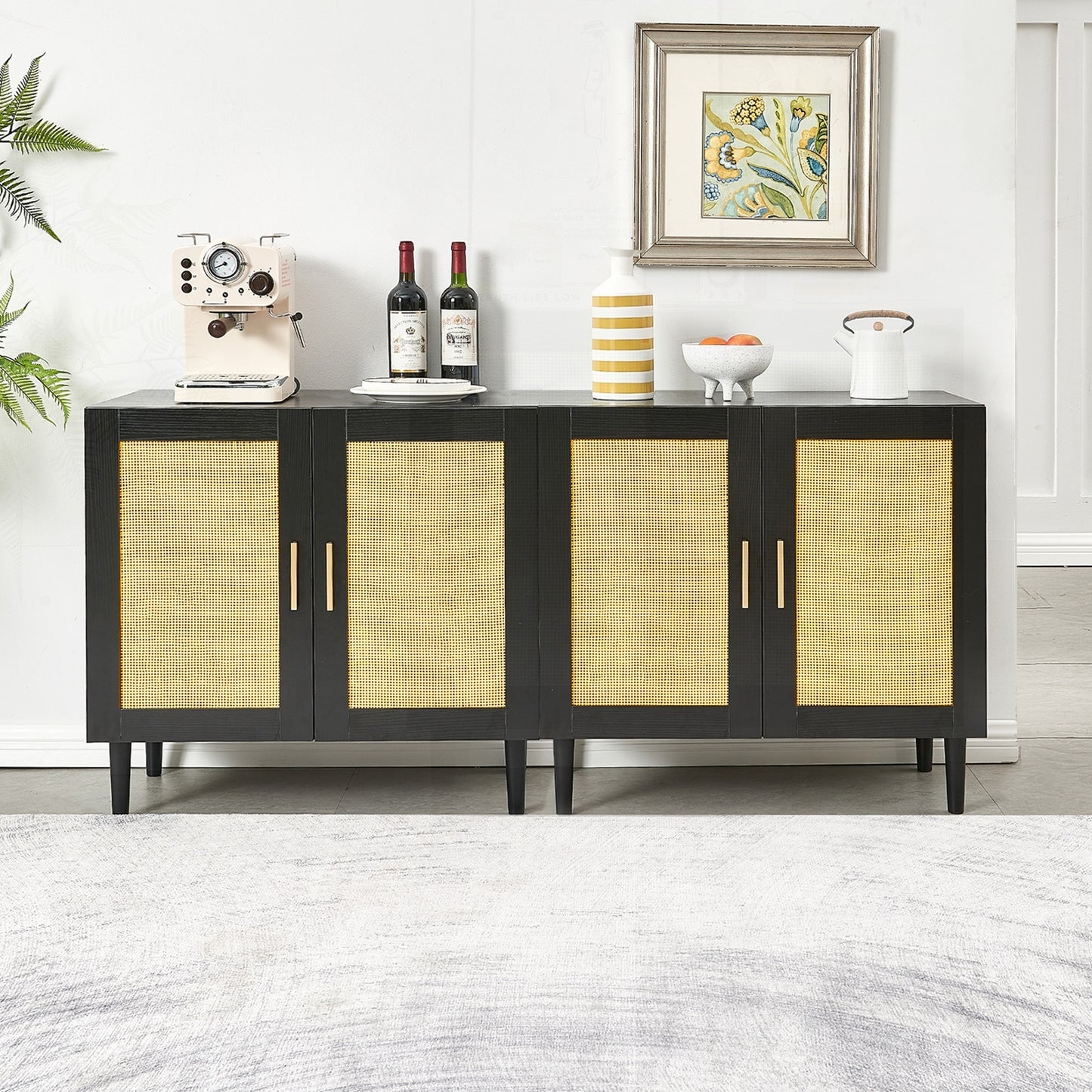 ✨ Side Panel Rattan Buffet Cabinet | Modern Storage Cabinet with Natural Rattan Doors & Adjustable Shelves