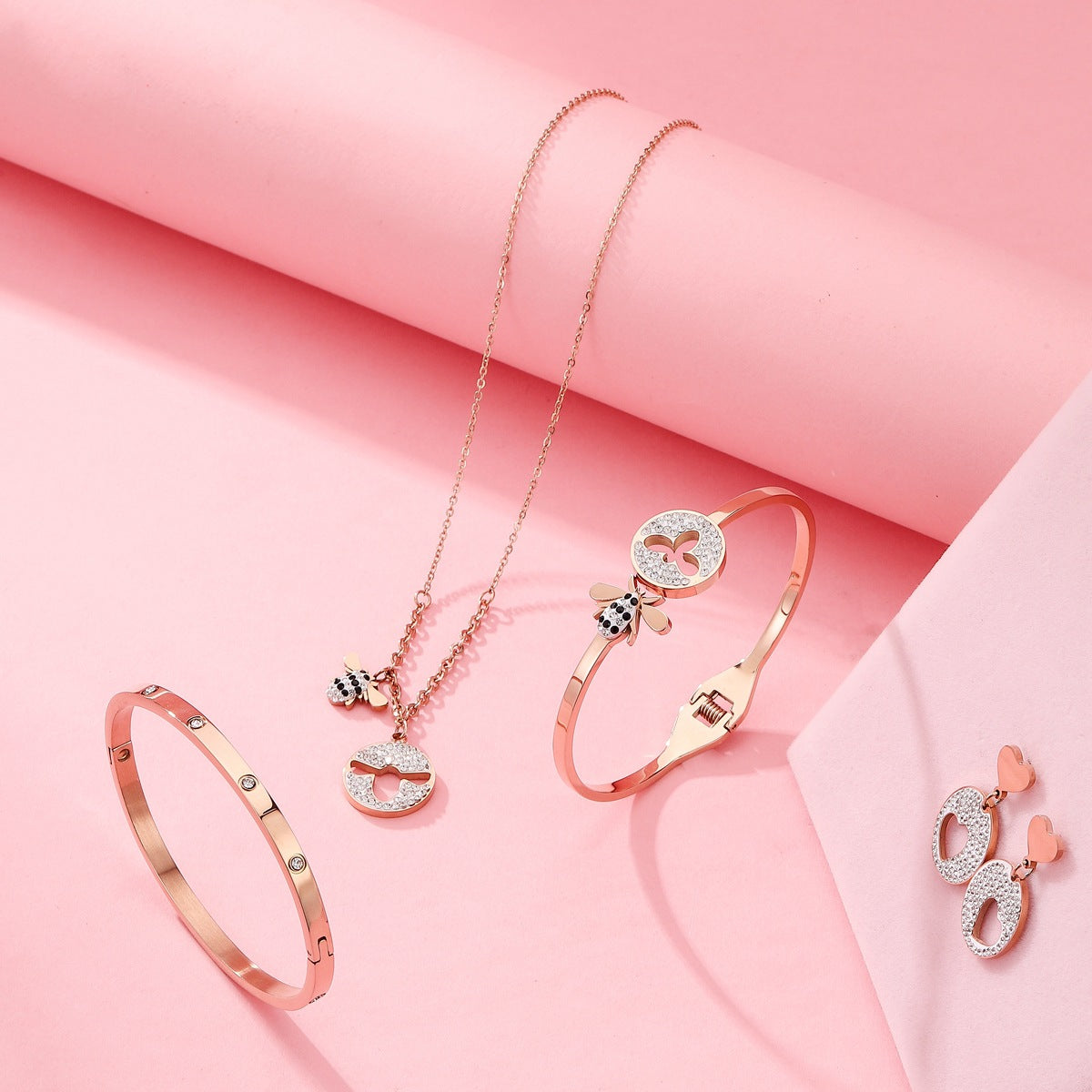 💝 Rose Jewellery Gift Box Set – Necklace, Bracelet & Earrings for Her ✨❤️ (Pink)