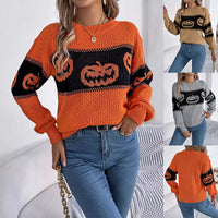 “Halloween Pumpkin Sweater – Cozy Knitted Pullover for Women”