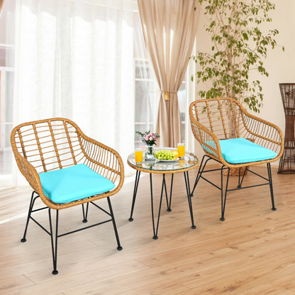 🌊 Coastal Breeze Rattan Patio Set — 3-Piece Outdoor Bistro with Aqua Cushions &amp; Glass-Top Table ☕✨
