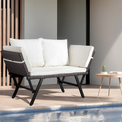 ✨ Stretchable Rattan Bench with Beige Cushions | Modern Outdoor Patio & Balcony Seating ☀️