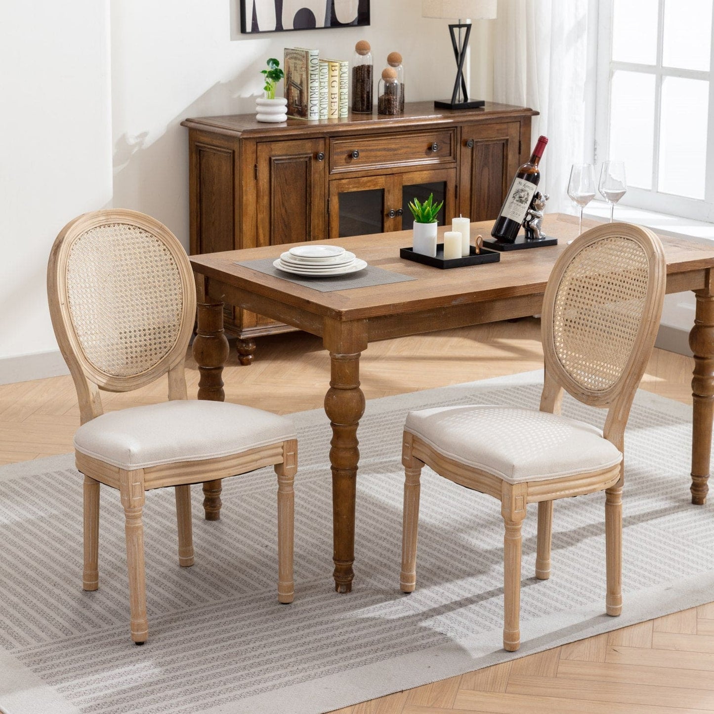 Charm Rattan Dining Chair (Set of 2) — French Vintage Elegance with Linen Comfort & Solid Wood Craftsmanship ✨🍽️