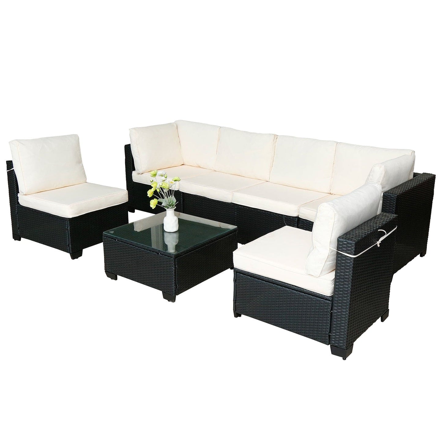 🖤 Urban Luxe 7-Piece Rattan Sofa Set — Modular Outdoor & Indoor Lounge with Premium Black Weave & Ivory Cushions ☕✨