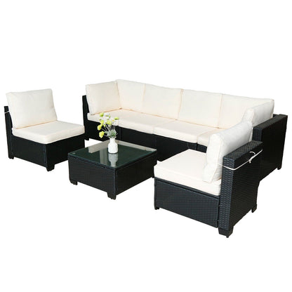 🖤 Urban Luxe 7-Piece Rattan Sofa Set — Modular Outdoor & Indoor Lounge with Premium Black Weave & Ivory Cushions ☕✨
