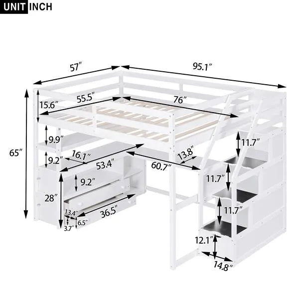 ✨ Full-Size Loft Bed with Built-in Desk, Storage Shelves & Staircase Drawers | Space-Saving Study & Sleep Station – White ️