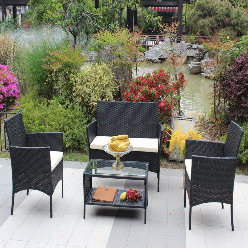 🌸 Garden Grace Rattan Conversation Set — 4-Piece Outdoor Lounge with Black Wicker Frame & Beige Cushions ☕✨